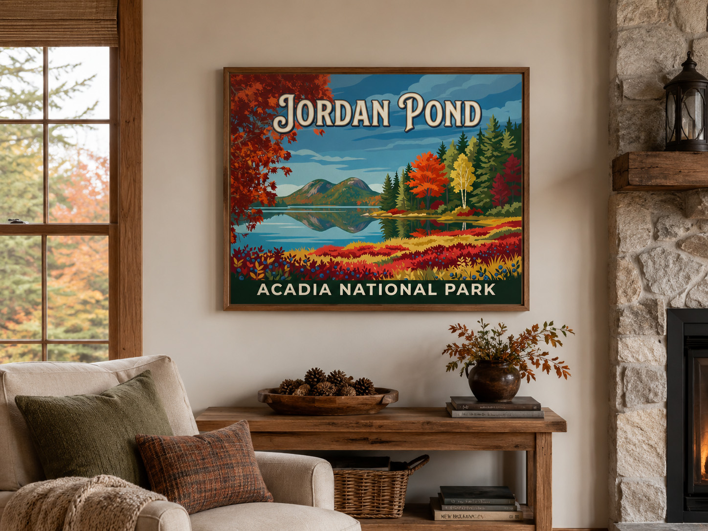 Jordan Pond Acadia National Park vintage travel poster shown framed in a rustic living room